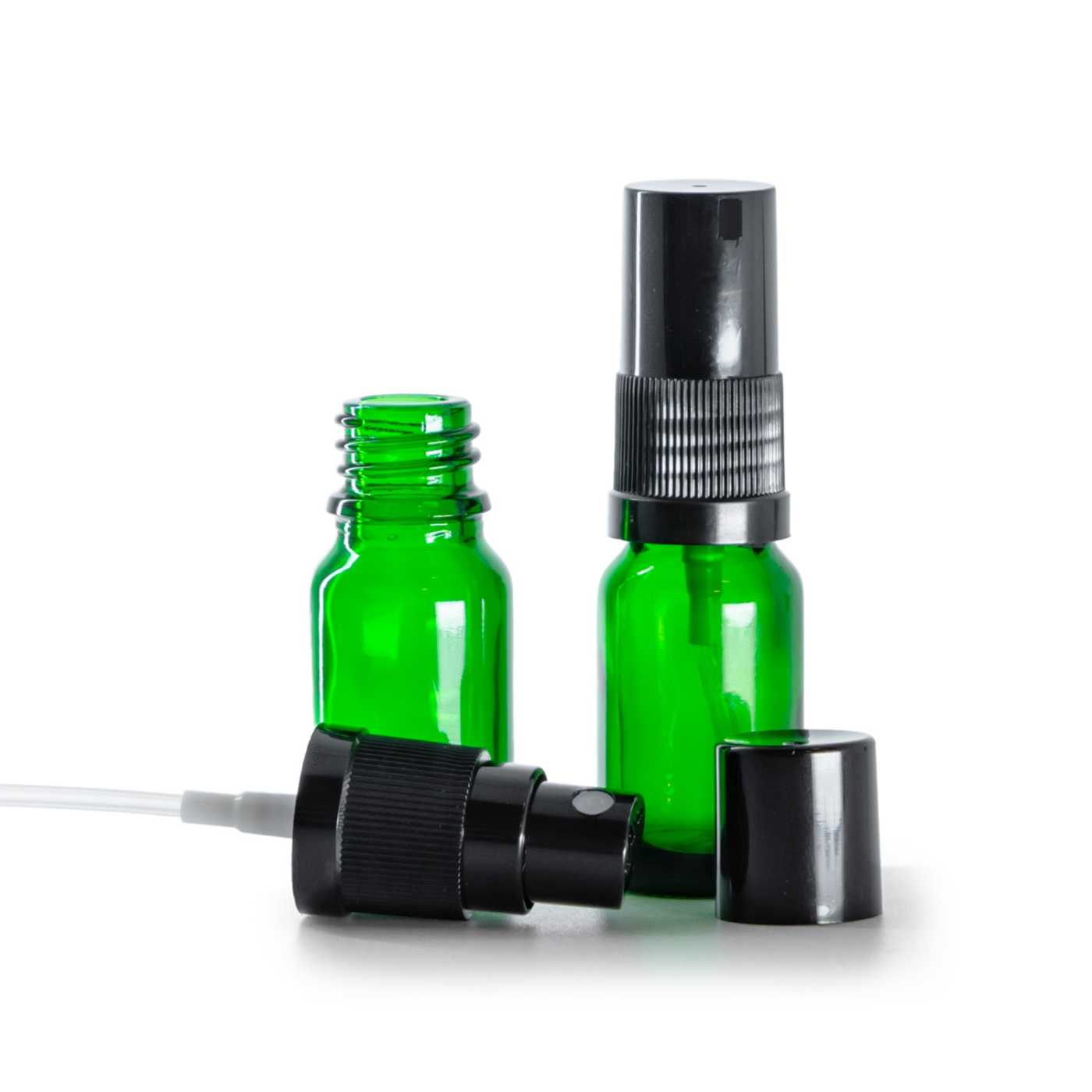 Butelka szklana zielona, czarny atomizer, czarny kapturek, 10 ml