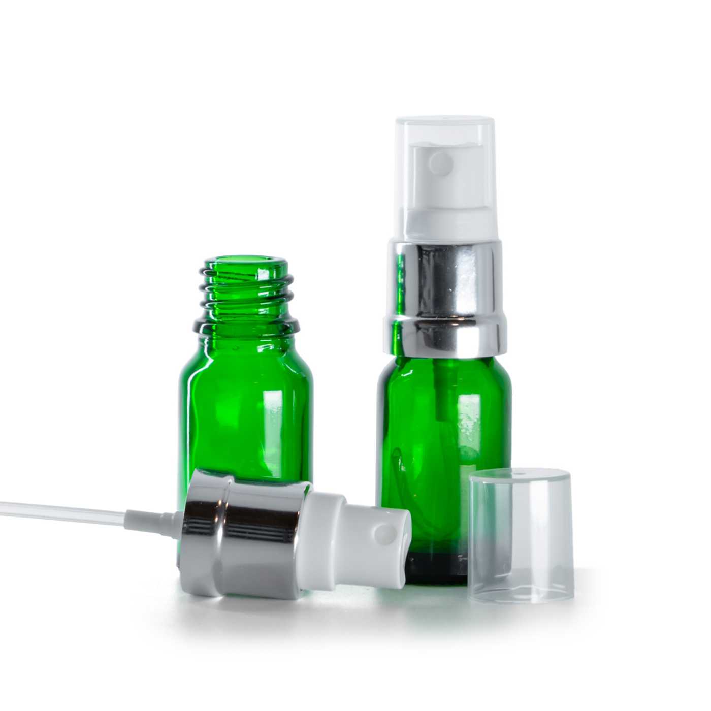Butelka szklana, zielona, biało-srebrny atomizer, 10 ml