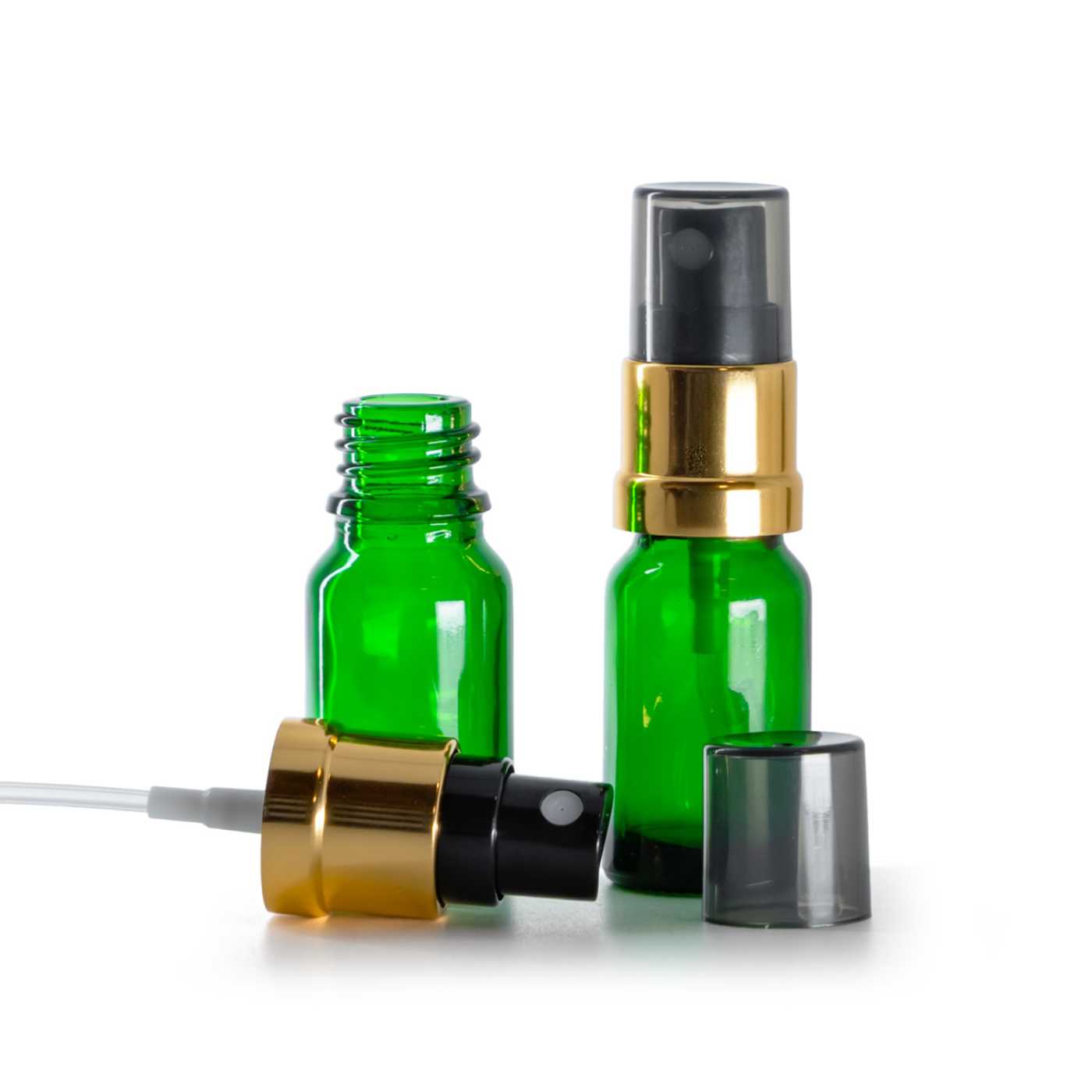 Butelka szklana, zielona, czarno-złoty atomizer, przydymiony kapturek, 10 ml