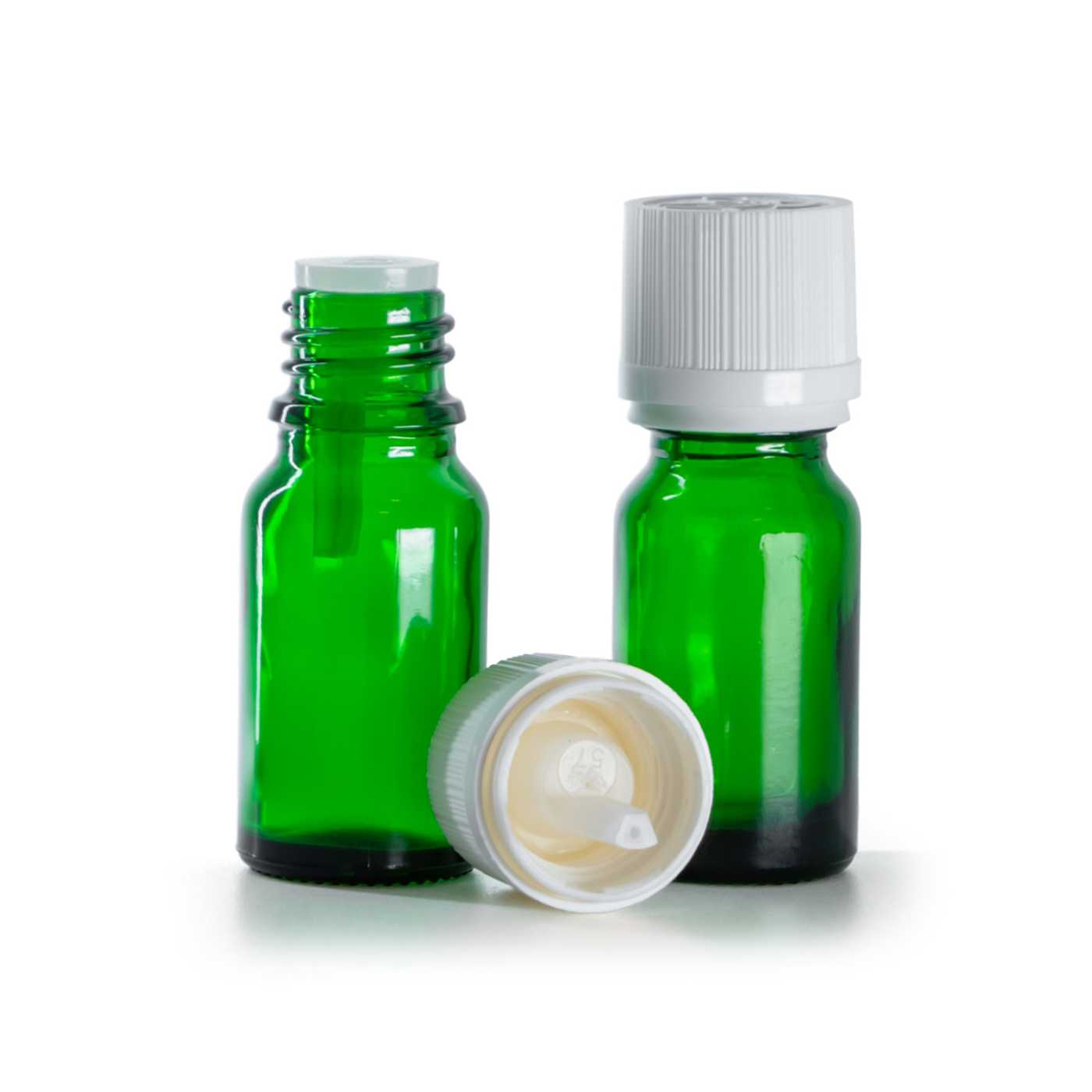 Botella de vidrio, verde, tapón de seguridad inviolable blanco con cuentagotas, 10 ml