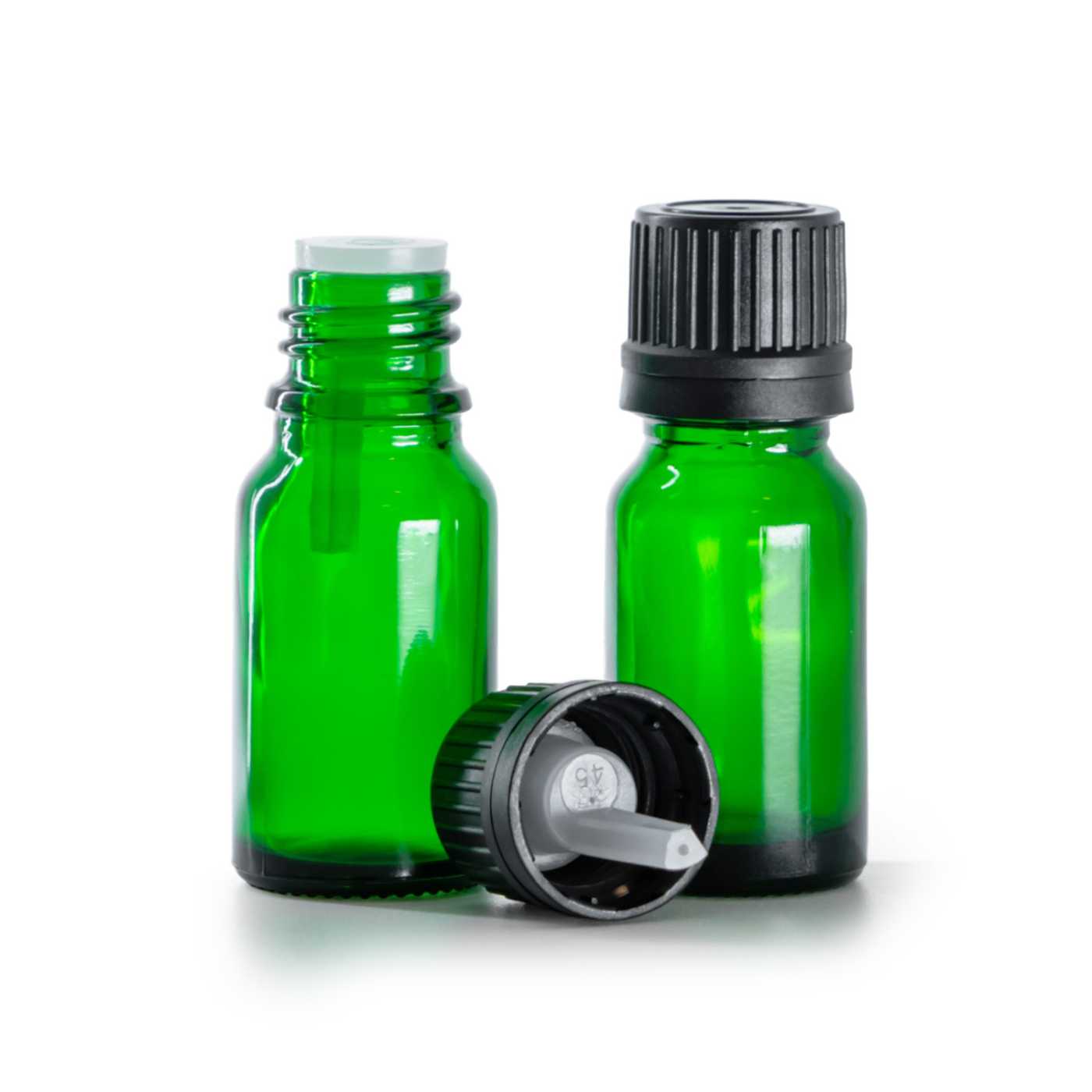 Butelka szklana zielona, czarna nakrętka z kroplomierzem, 10 ml