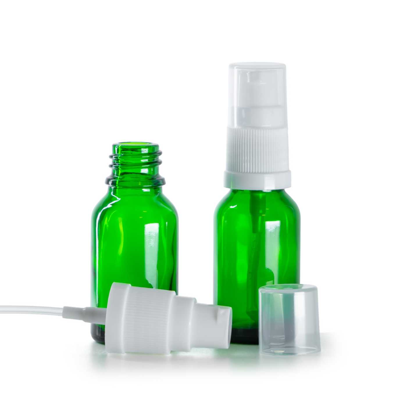 Flacon en verre vert, pompe crème blanche, 15 ml