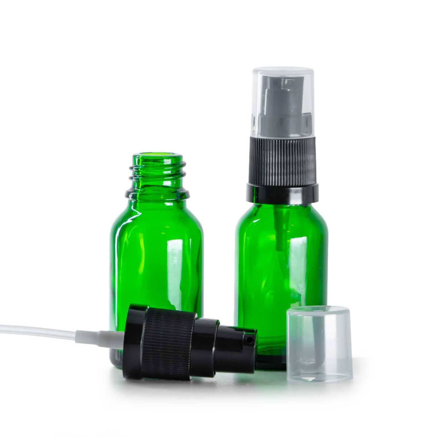 Zelená skleněná lahvička, dávkovač krémů, 15 ml