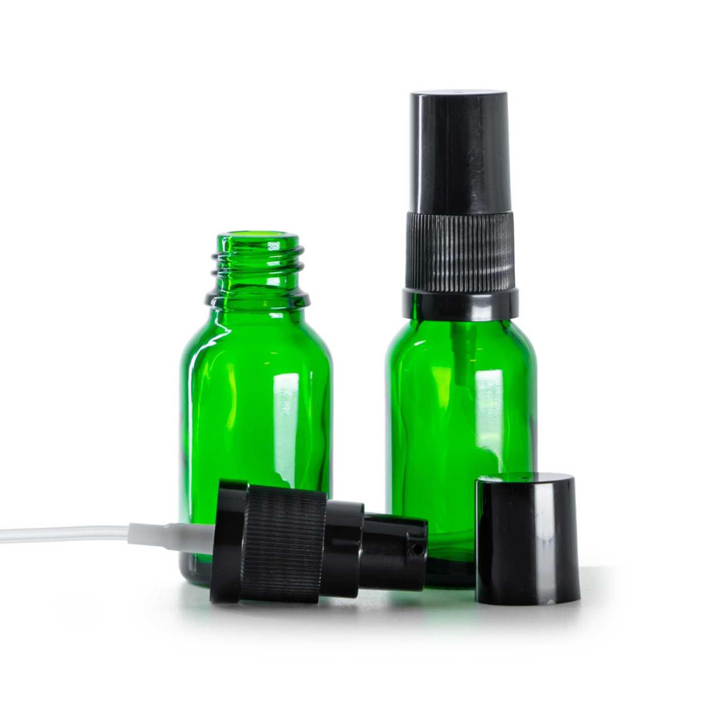 Butelka szklana, zielona, pompka do kremów z czarnym kapturkiem, 15 ml
