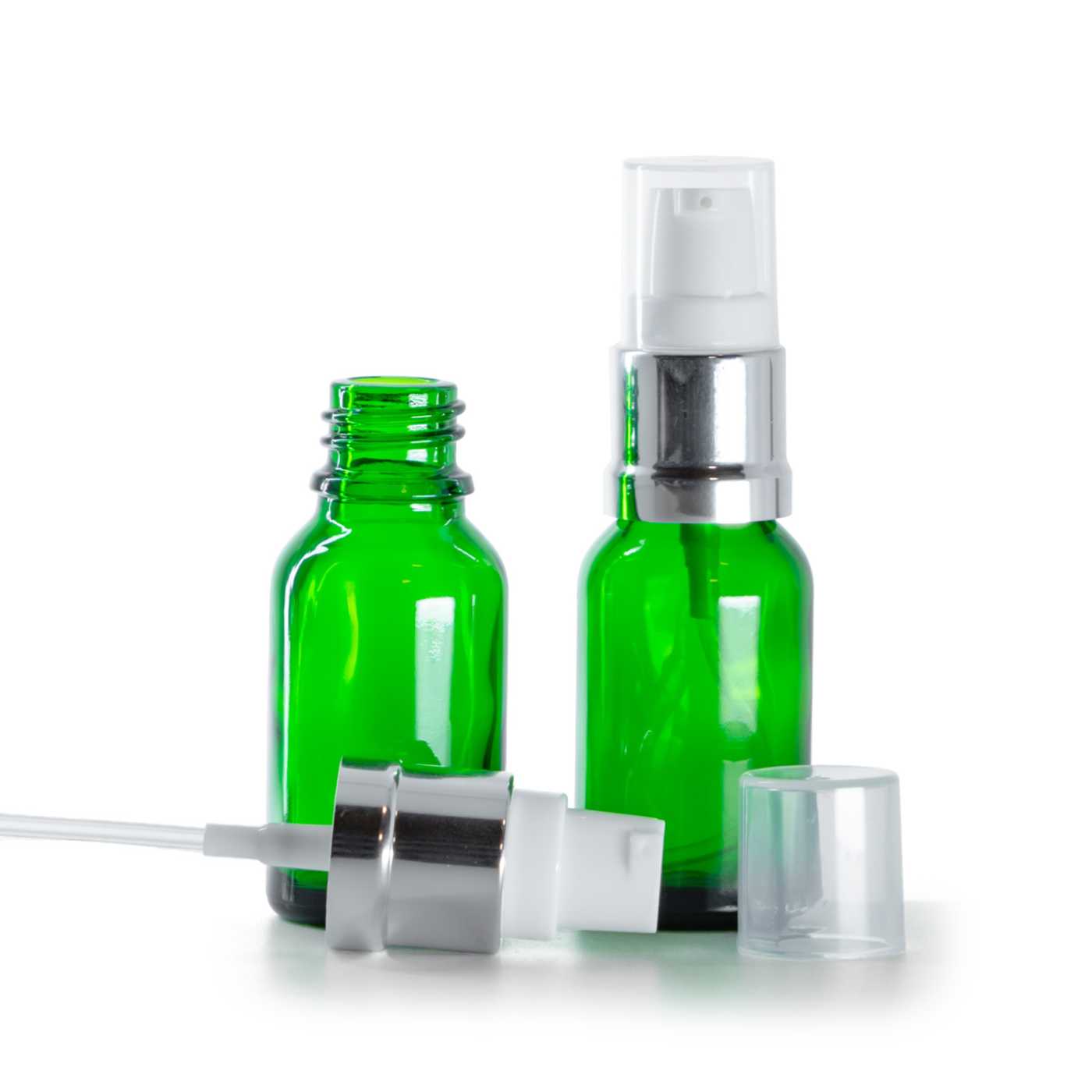 Butelka szklana, zielona, biało-srebrny błyszczący dozownik, 15 ml