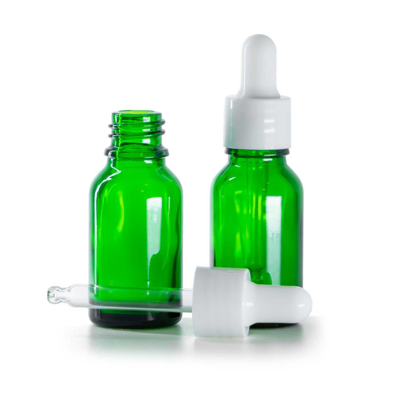 Zelená skleněná lahvička, lesklá bílá pipeta, 15 ml