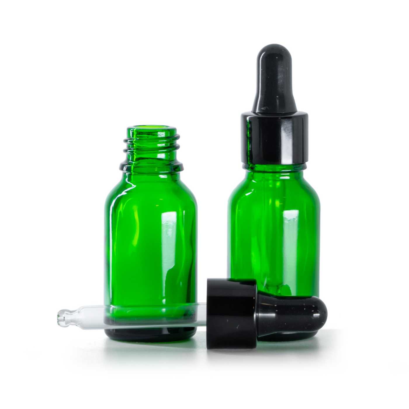 Butelka szklana zielona, kroplomierz czarny błyszczący, 15 ml