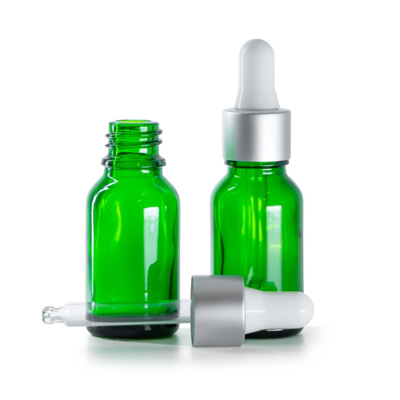 Zelená skleněná lahvička, matné stříbrné kapátko, 15 ml