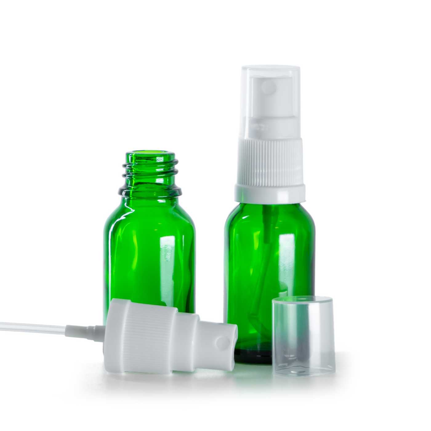Butelka szklana zielona, atomizer biały, 15 ml