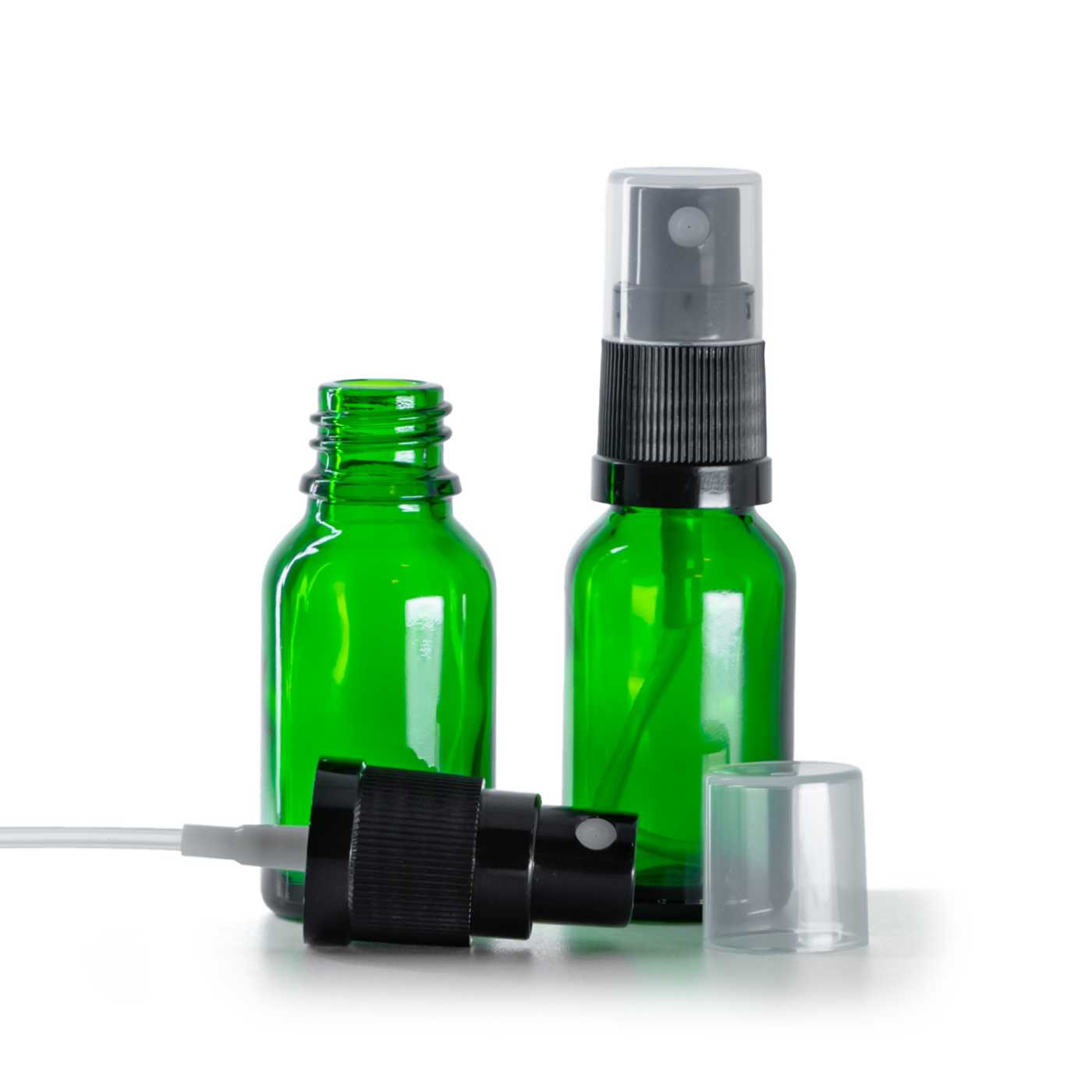 Butelka szklana zielona, czarny atomizer, 15 ml