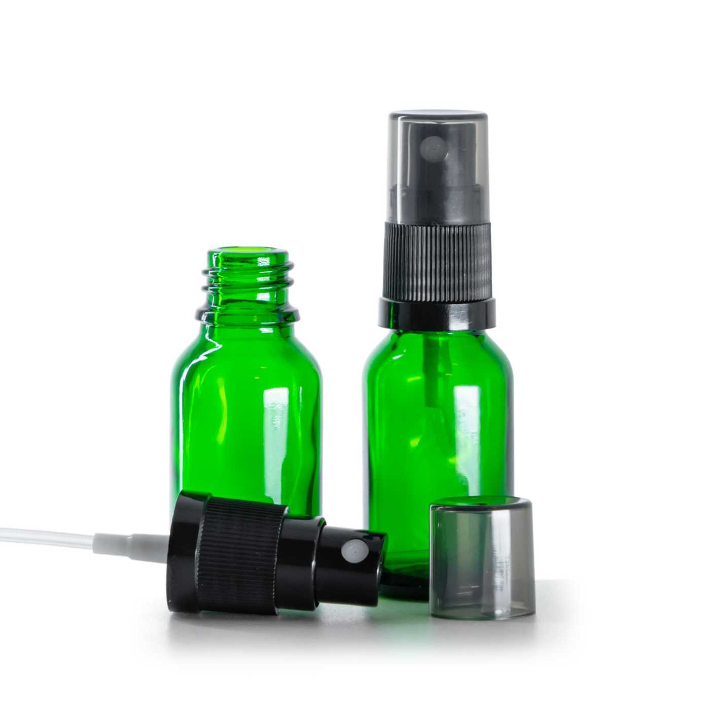 Butelka szklana zielona, czarny atomizer, kapturek dymny, 15 ml