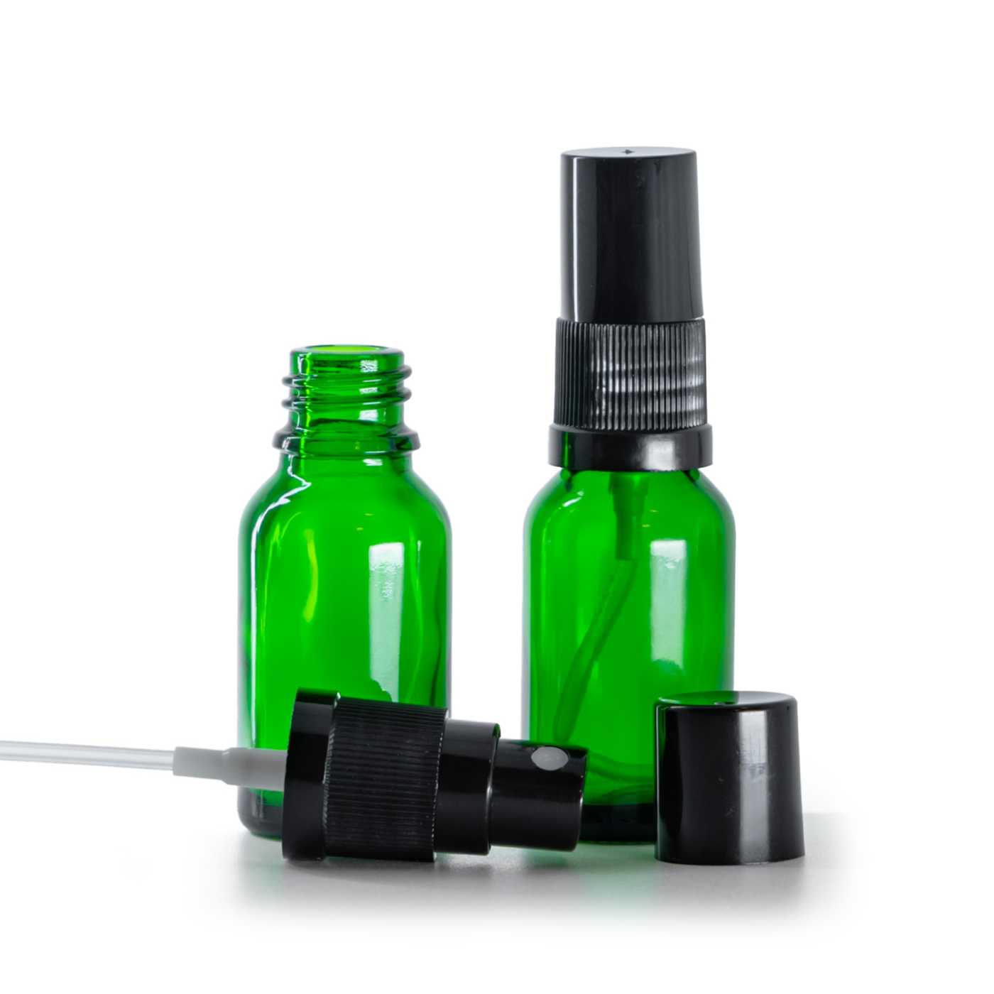 Butelka szklana zielona, czarny atomizer, czarny kapturek, 15 ml