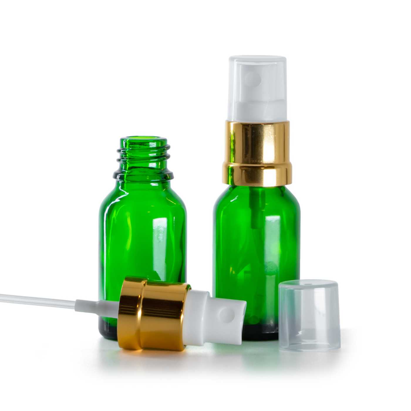 Butelka szklana, zielona, biało-złoty atomizer, 15 ml