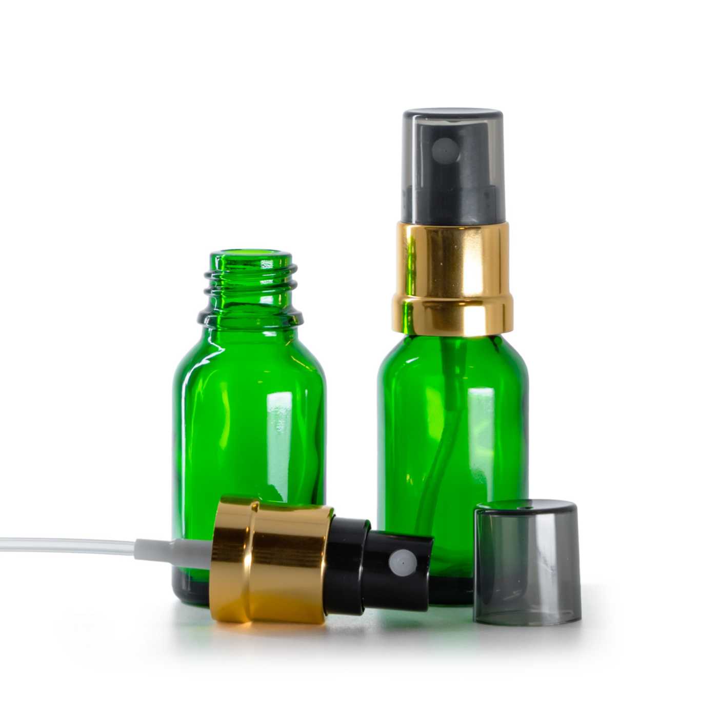 Butelka szklana, zielona, czarno-złoty atomizer, przydymiony kapturek, 15 ml
