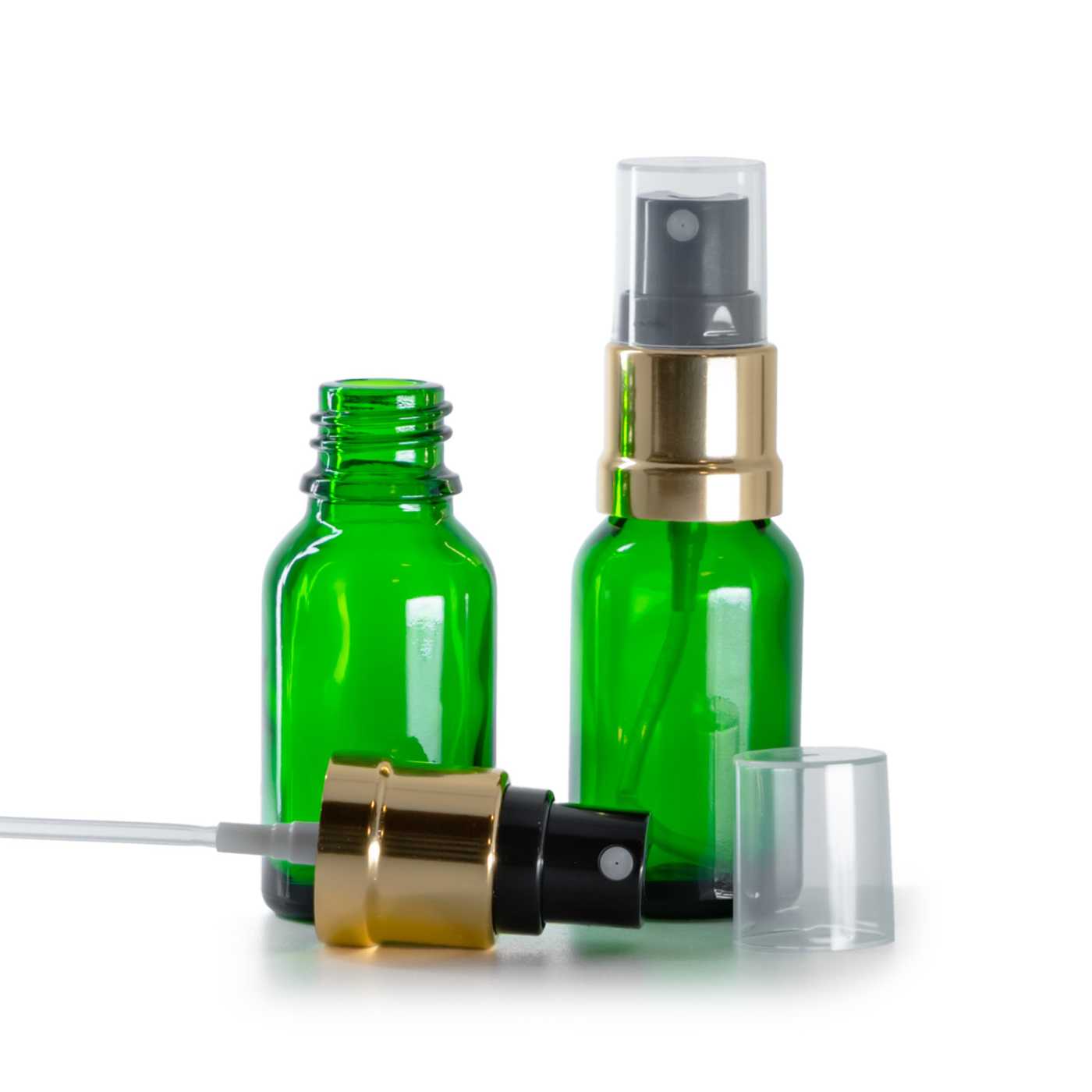 Butelka szklana, zielona, czarno-złoty atomizer, 15 ml