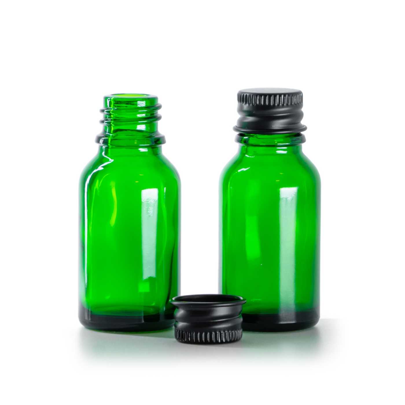 Butelka szklana zielona, czarna nakrętka aluminiowa, 15 ml