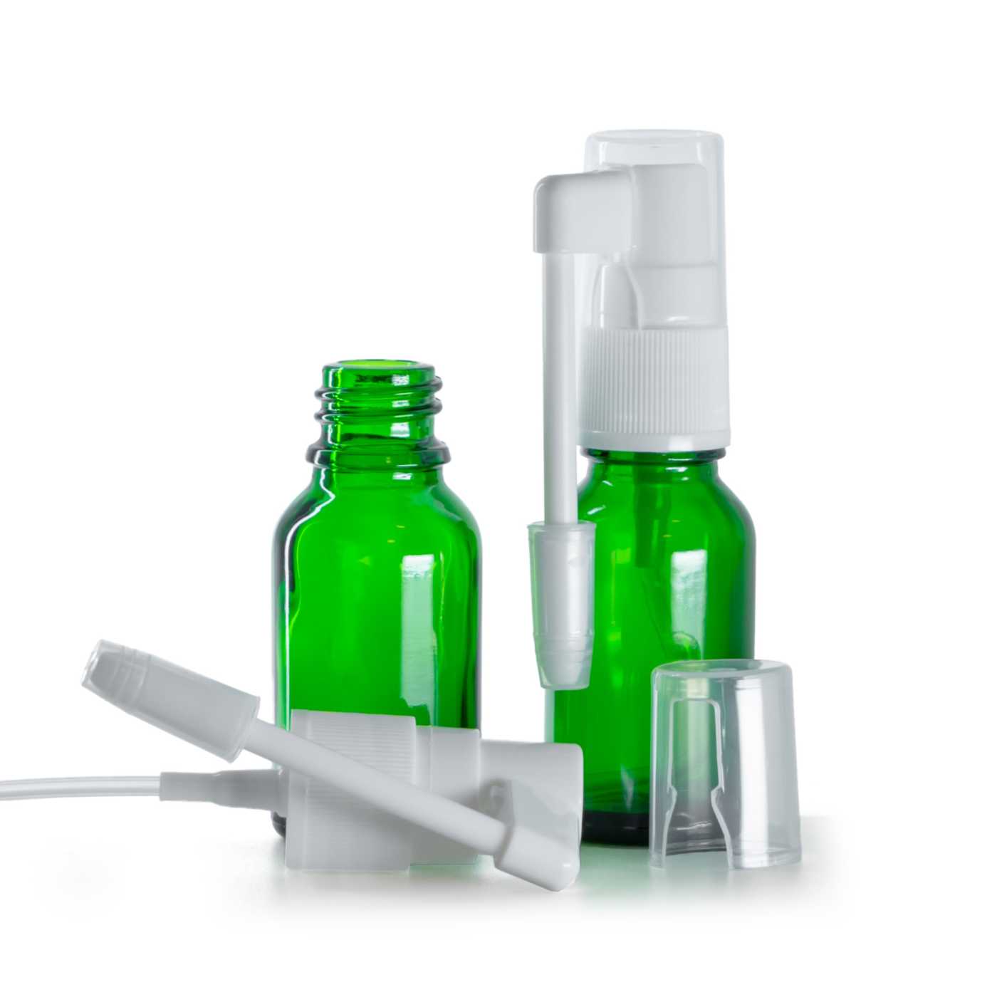 Zelená skleněná lahvička s ústním sprejem, 15 ml