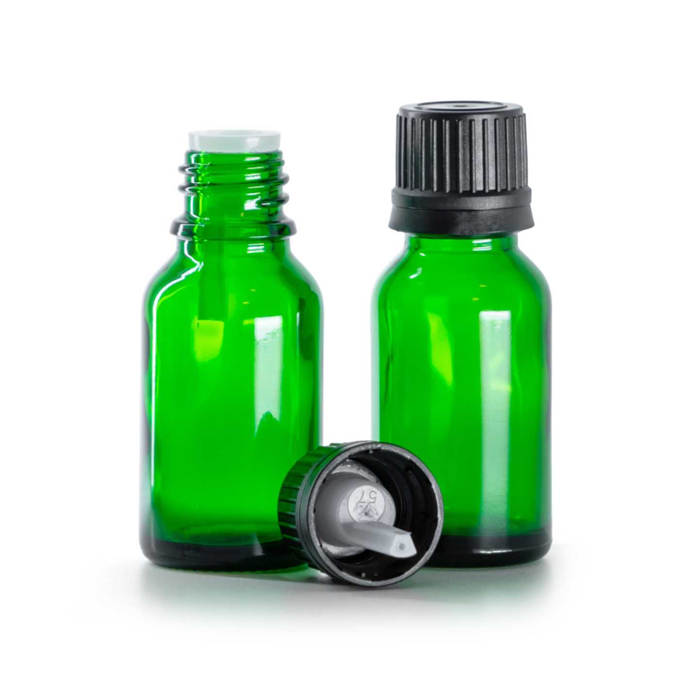 Butelka szklana zielona, czarna nakrętka z kroplomierzem, 15 ml