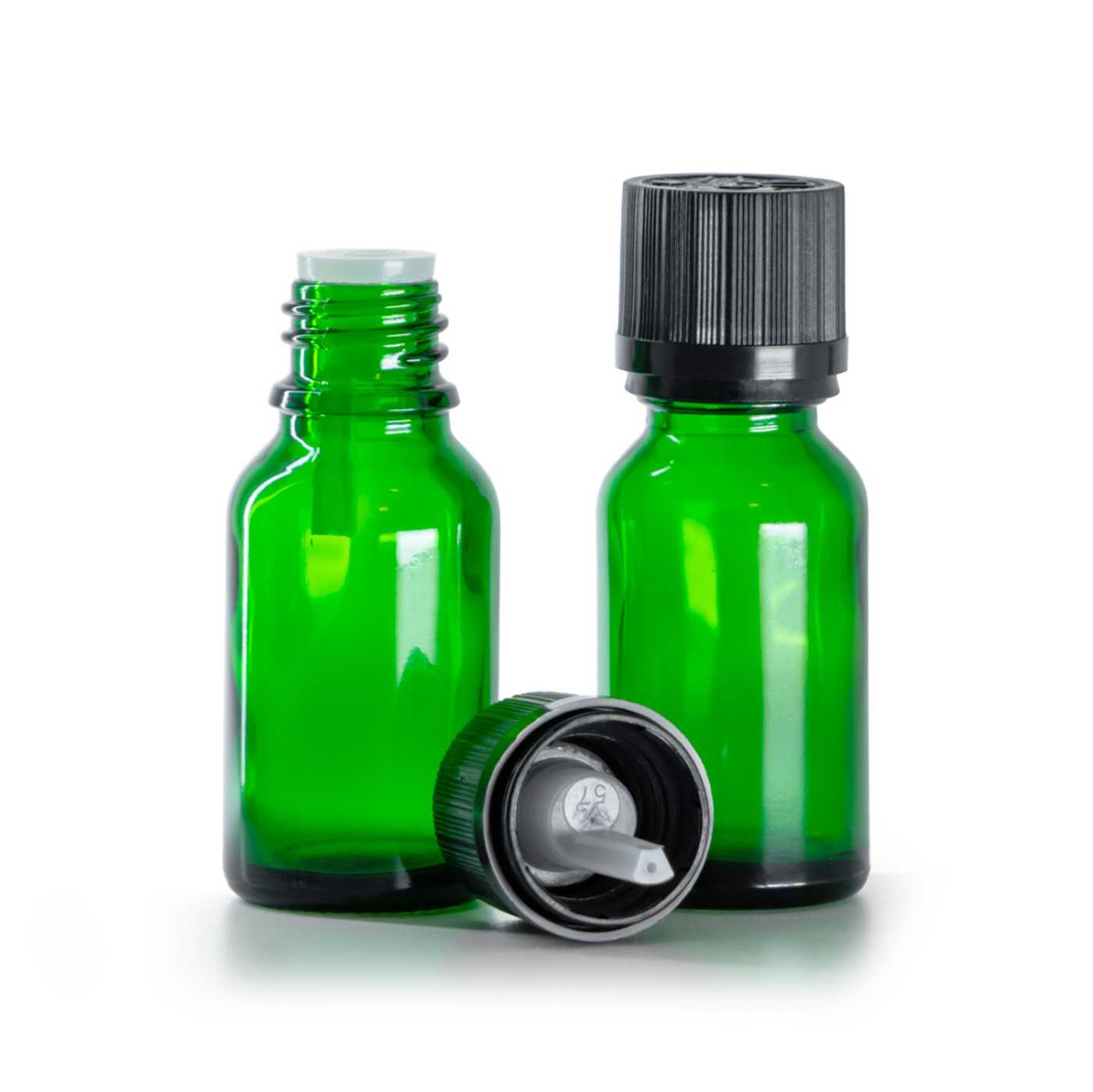 Butelka szklana, zielona, czarna nakrętka ryflowana z plombą, 15 ml