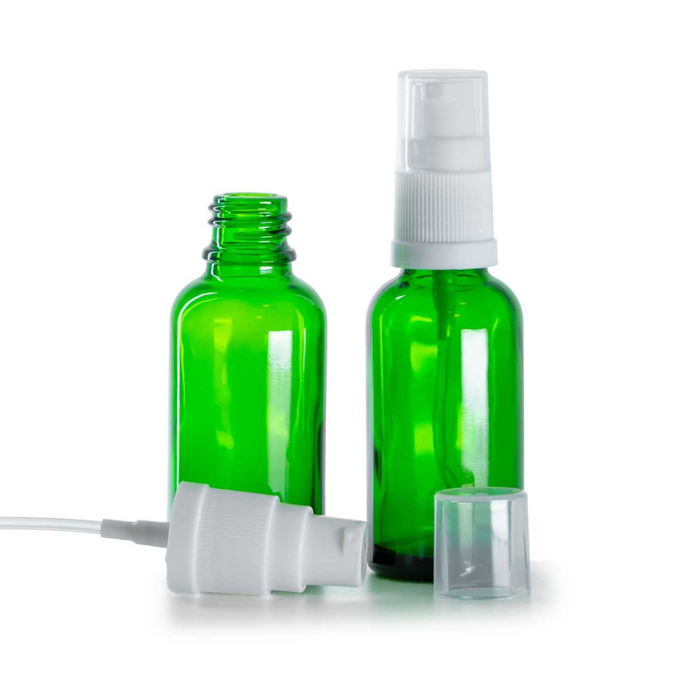 Flacon en verre vert avec pompe blanche, 30 ml