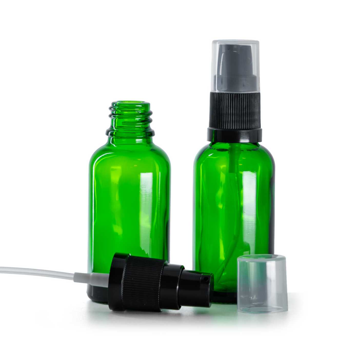 Zelená skleněná lahvička s dávkovačem krému 30 ml