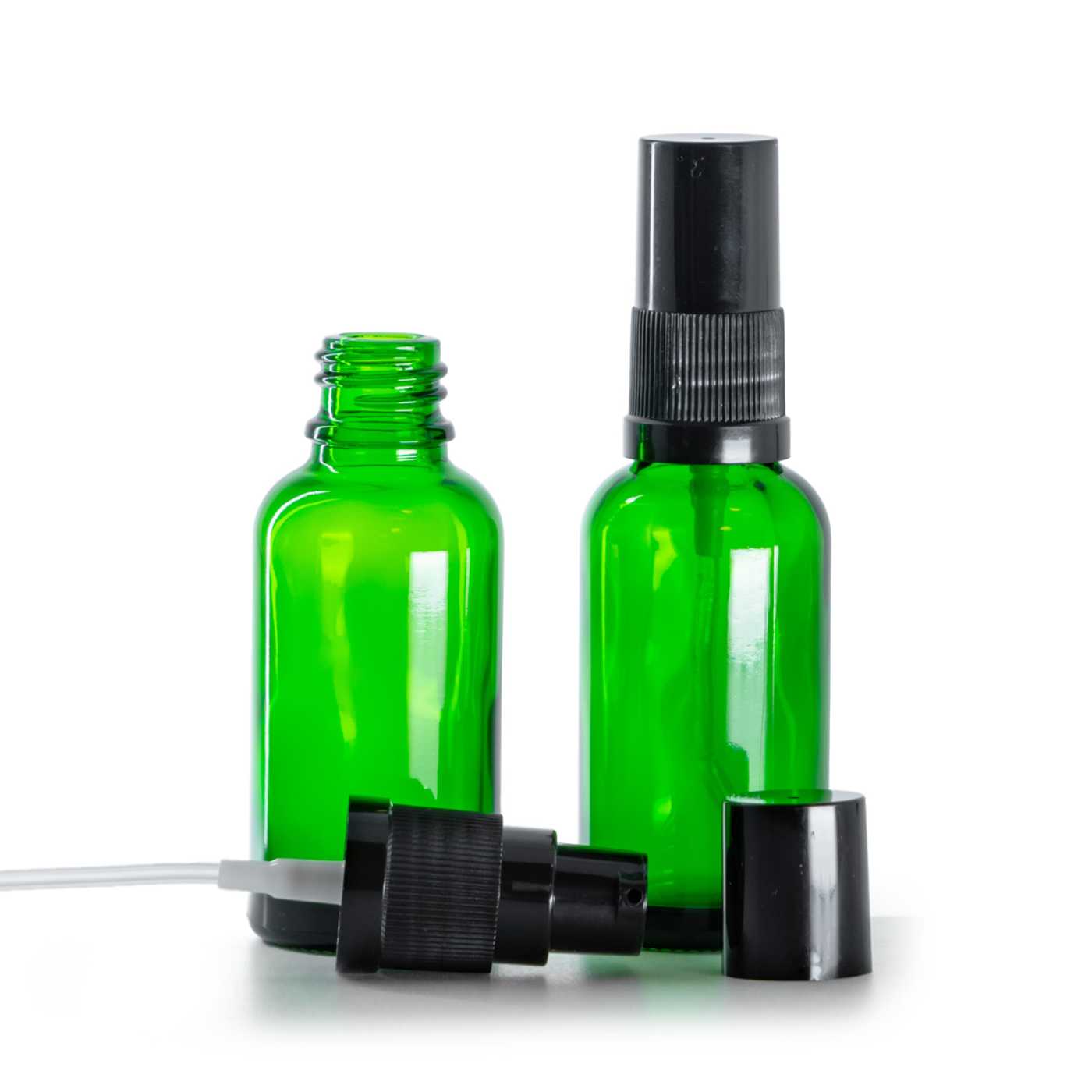 Butelka szklana, zielona, pompka do kremów z czarnym kapturkiem, 30 ml