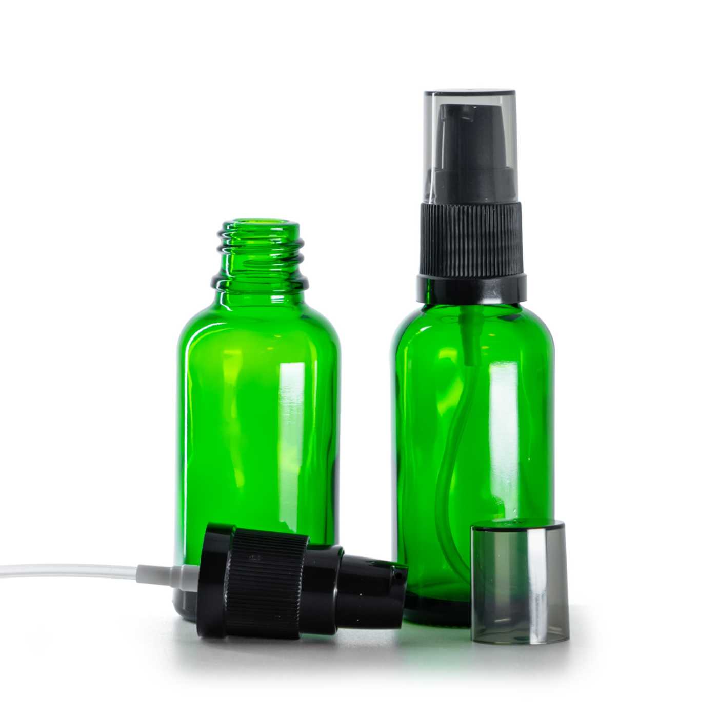 Butelka szklana, zielona, pompka do kremów z przydymionym kapturkiem, 30 ml