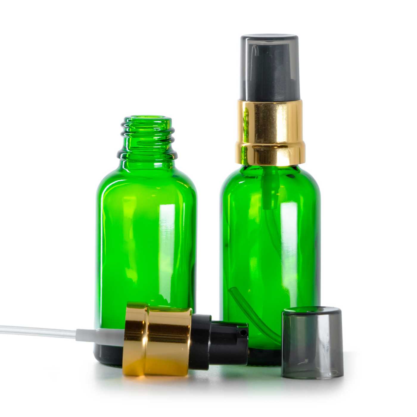 Butelka szklana, zielona, czarno-złoty błyszczący dozownik z przydymionym kapturkiem, 30 ml