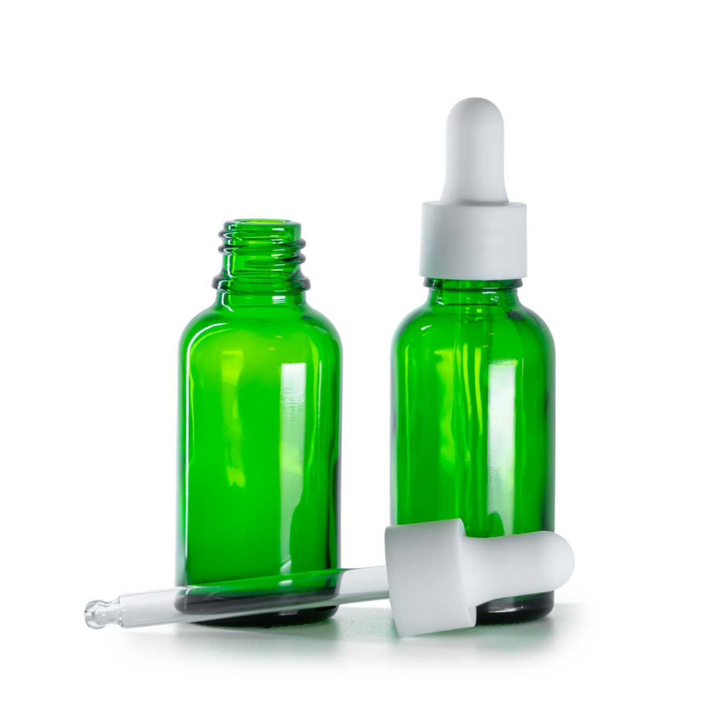 Butelka szklana, zielona, kroplomierz biały matowy gładki, 30 ml