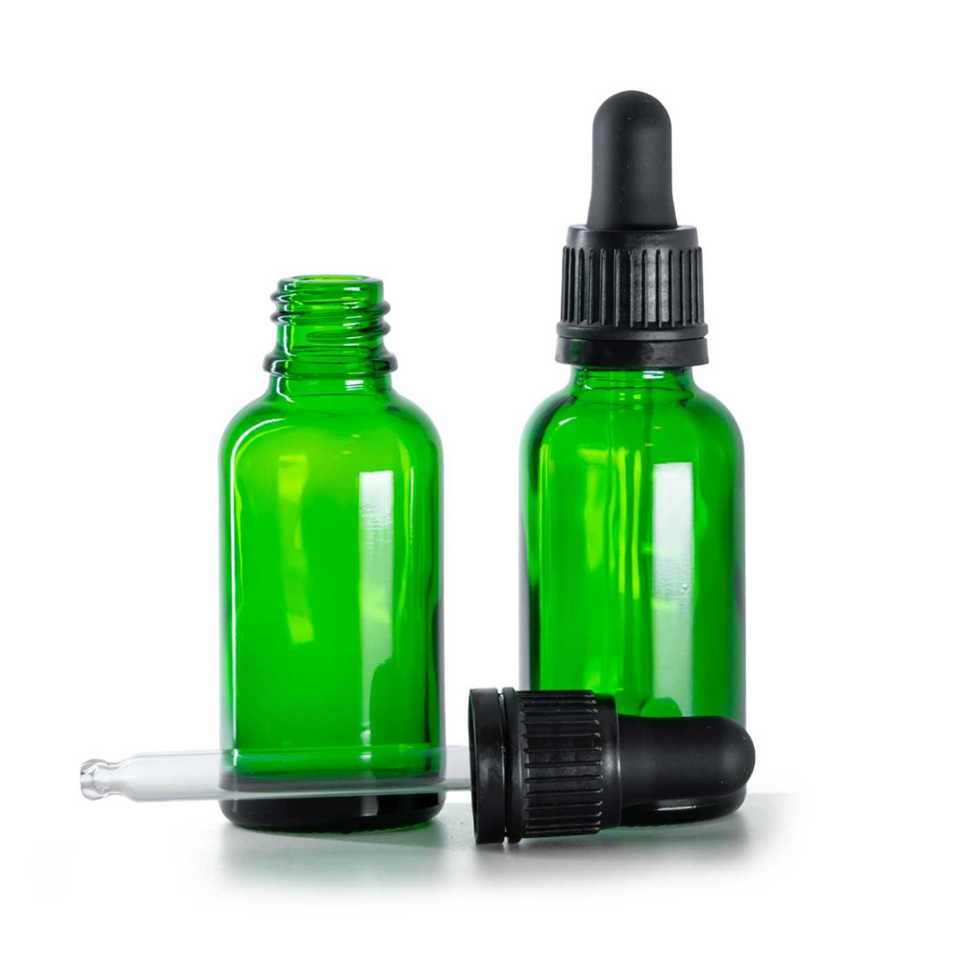 Butelka szklana, zielona, kroplomierz czarny, 30 ml