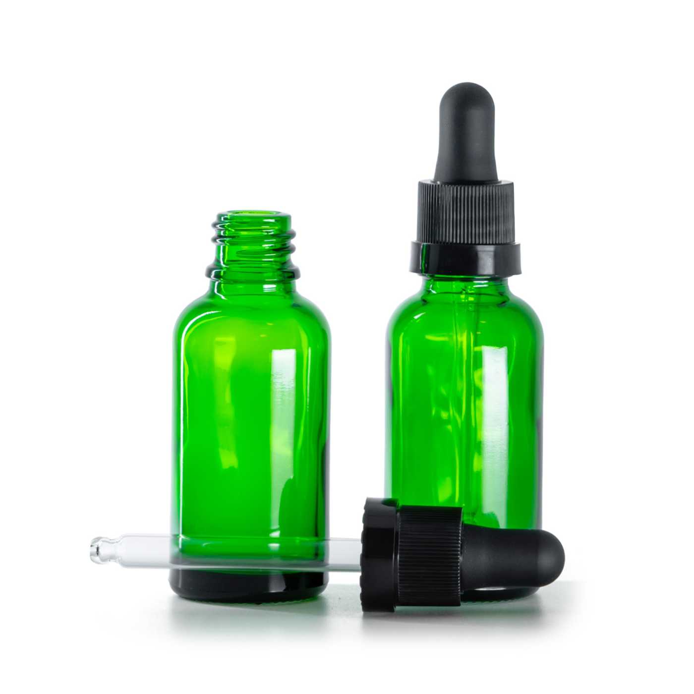 Butelka szklana zielona, kroplomierz czarny z błyszczącym paskiem, 30 ml