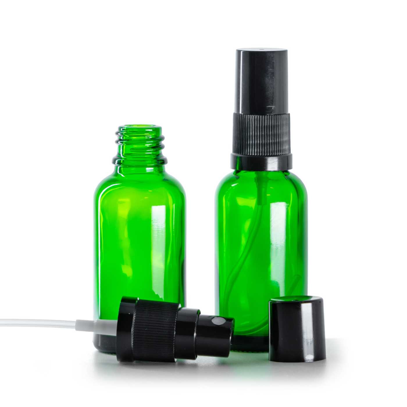 Butelka szklana zielona, czarny atomizer, czarny kapturek, 30 ml