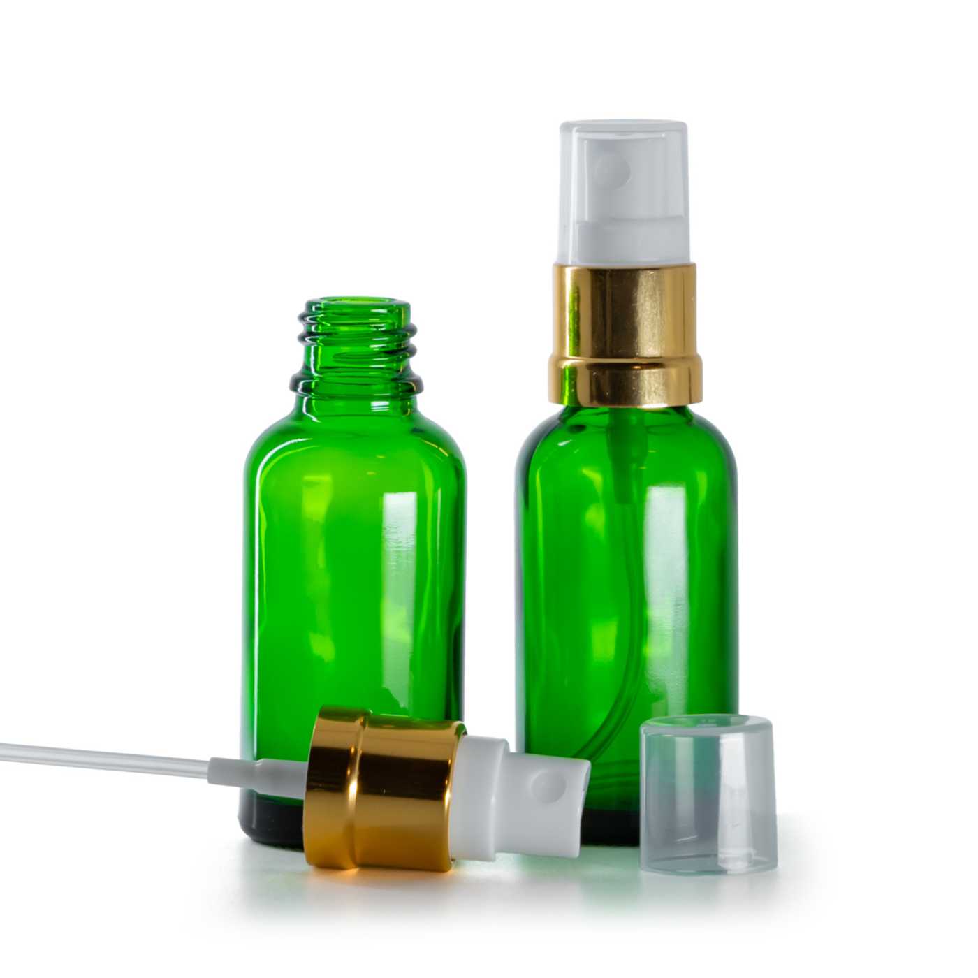 Butelka szklana, zielona, biało-złoty atomizer, 30 ml