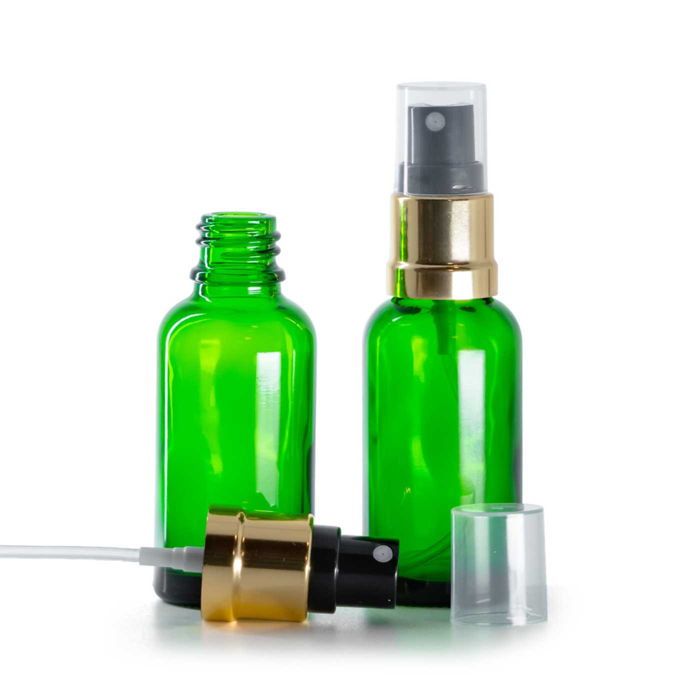 Butelka szklana, zielona, czarno-złoty atomizer, 30 ml