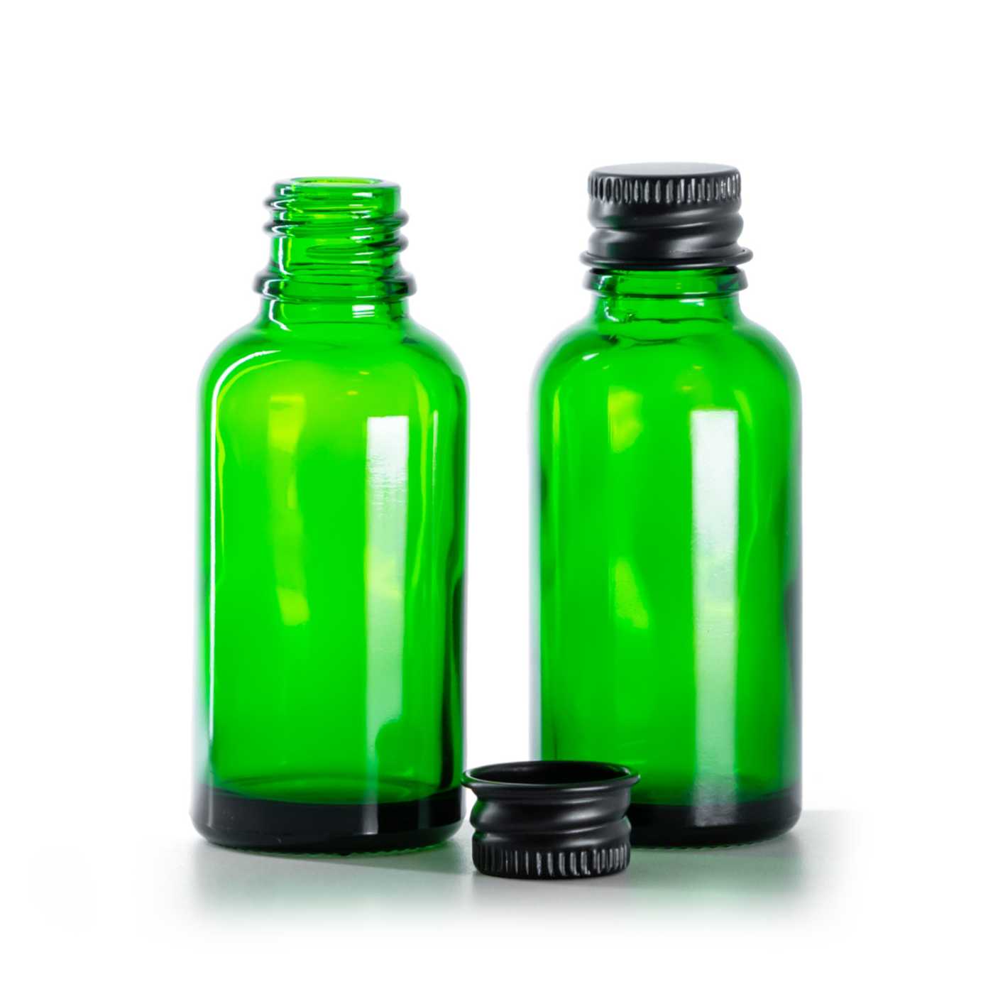 Butelka szklana zielona, czarna nakrętka aluminiowa, 30 ml