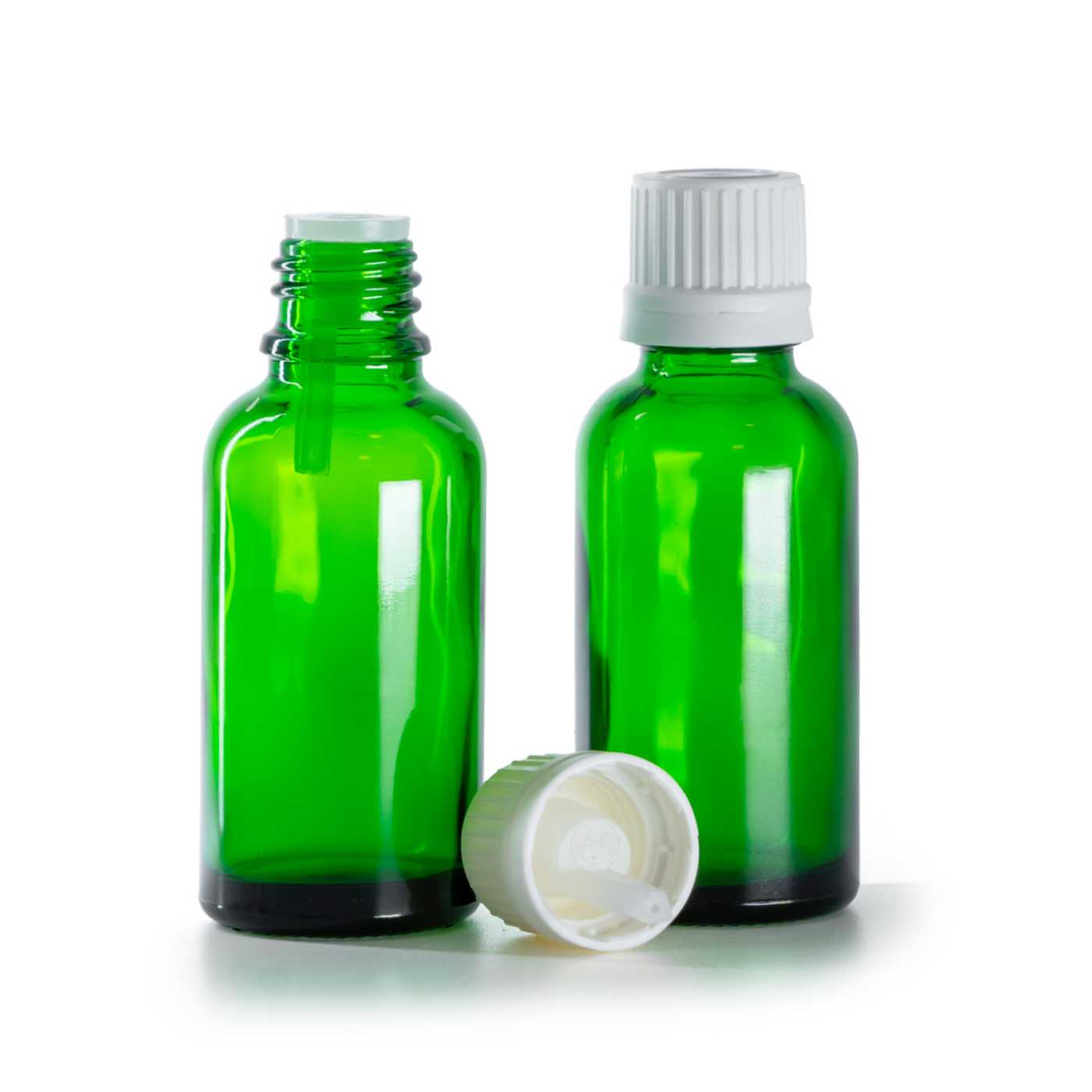Butelka szklana zielona, nakrętka biała z kroplomierzem, 30 ml