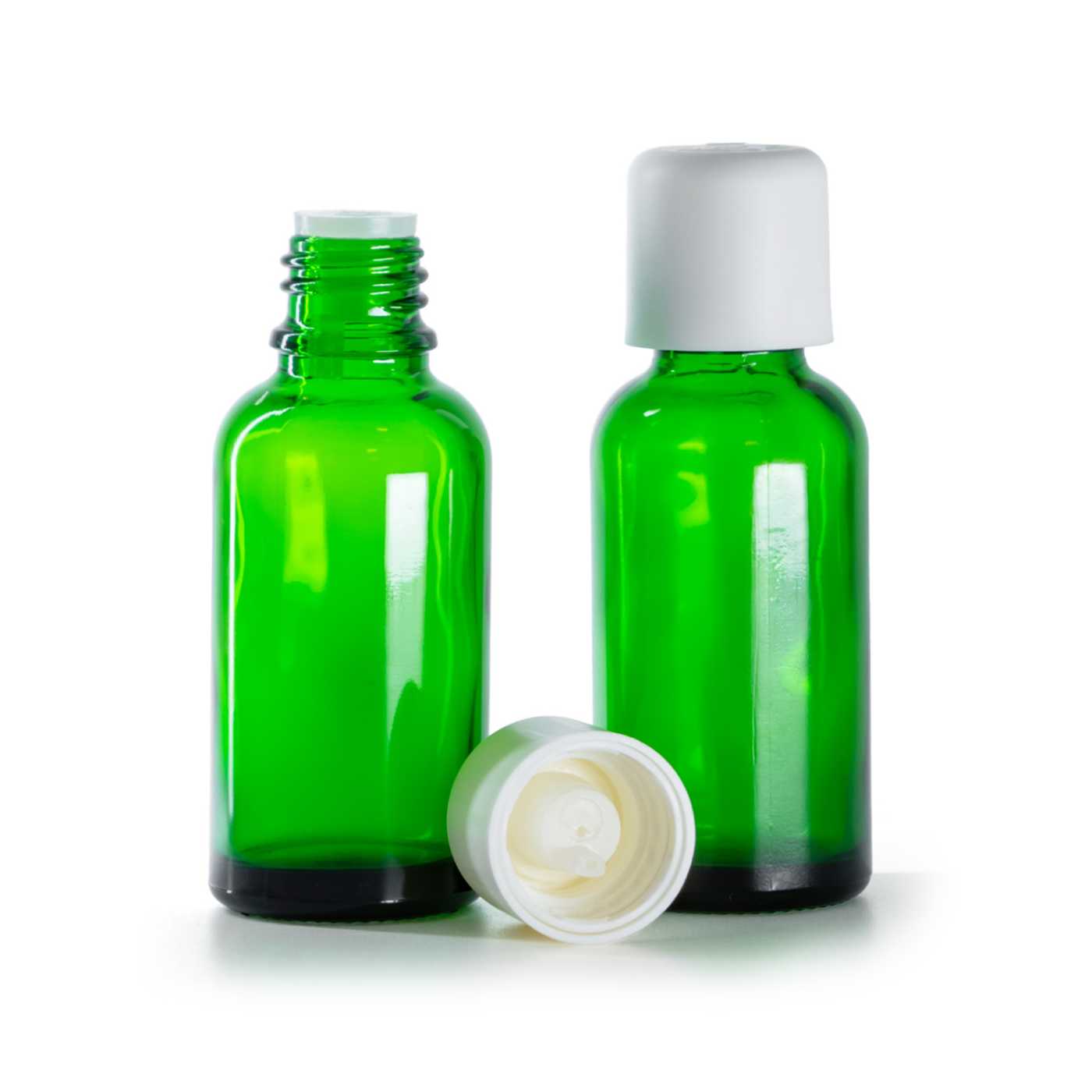 Butelka szklana zielona, nakrętka biała z zabezpieczeniem, 30 ml
