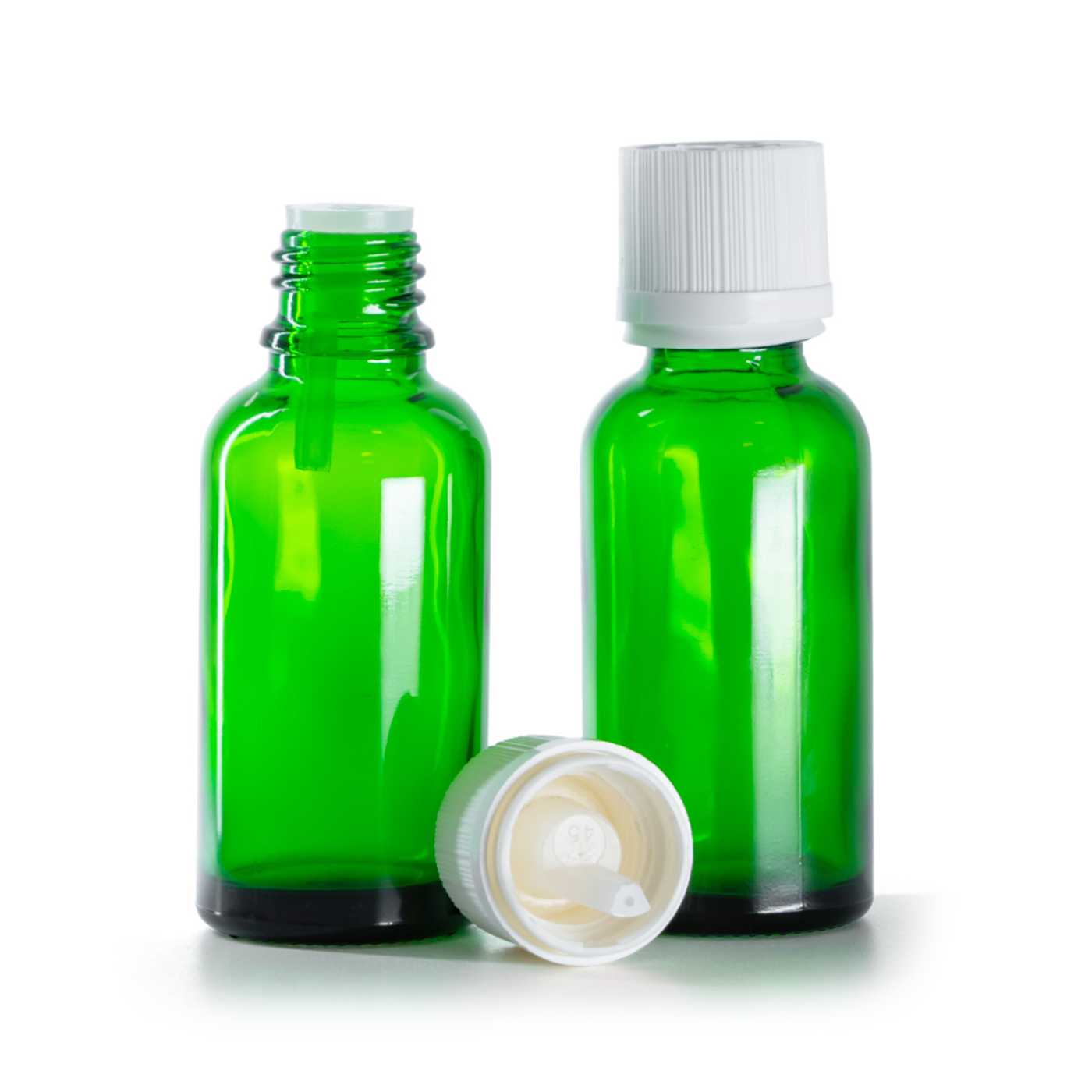 Butelka szklana zielona, nakrętka biała ryflowana z zabezpieczeniem, 30 ml