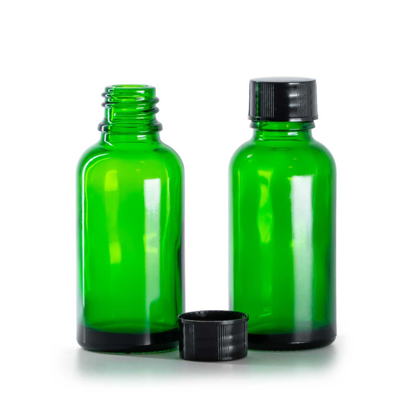 Butelka szklana, zielona, czarna nakrętka, 30 ml