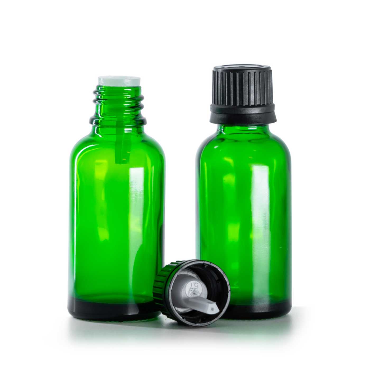 Butelka szklana zielona, czarna nakrętka z kroplomierzem, 30 ml