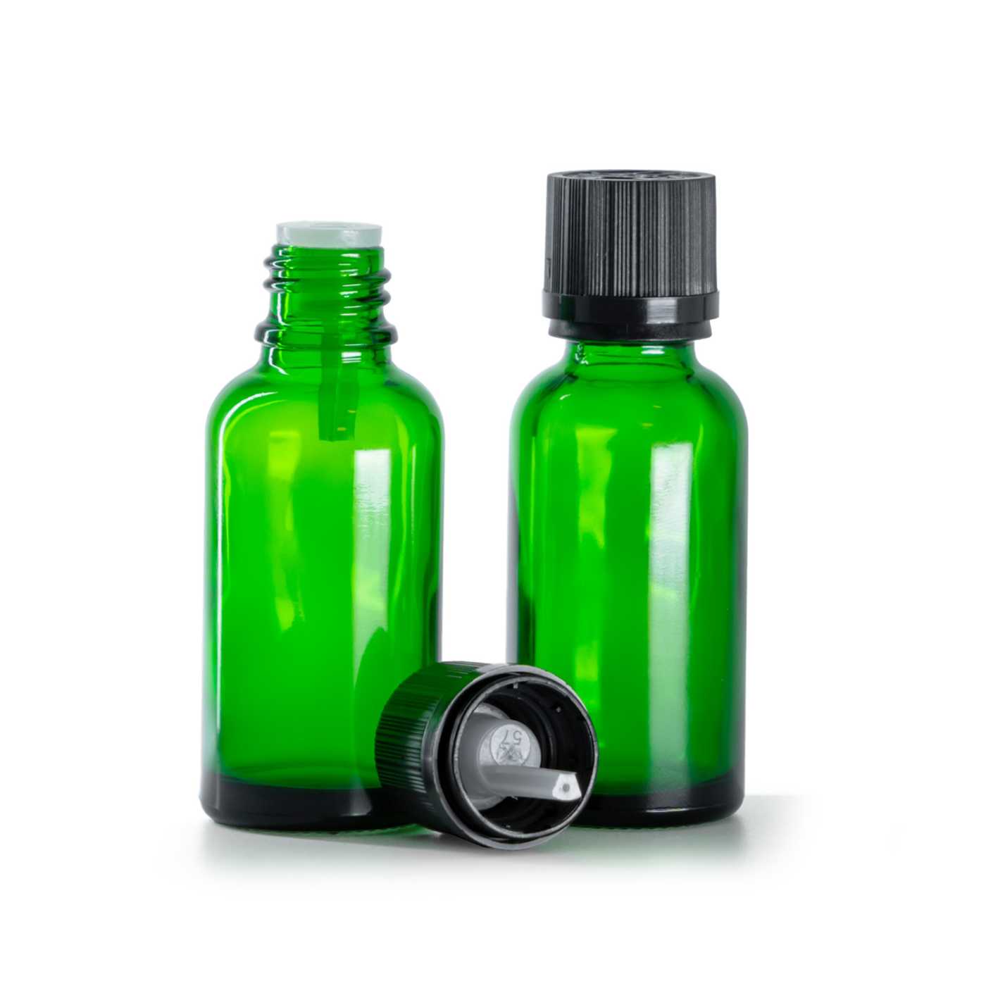 Butelka szklana, zielona, czarna nakrętka ryflowana z plombą, 30 ml