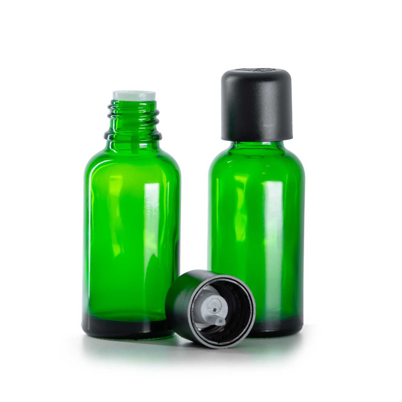 Butelka szklana zielona, czarna nakrętka zabezpieczająca z plombą i kroplomierzem, 30 ml