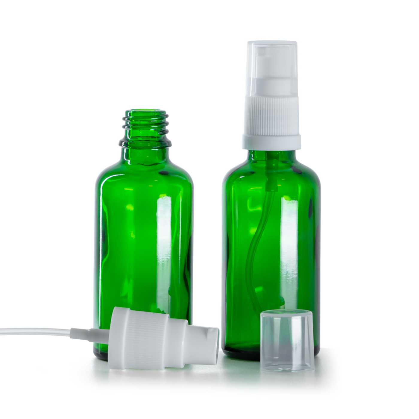 Flacon en verre vert avec pompe distributrice blanche, 50 ml
