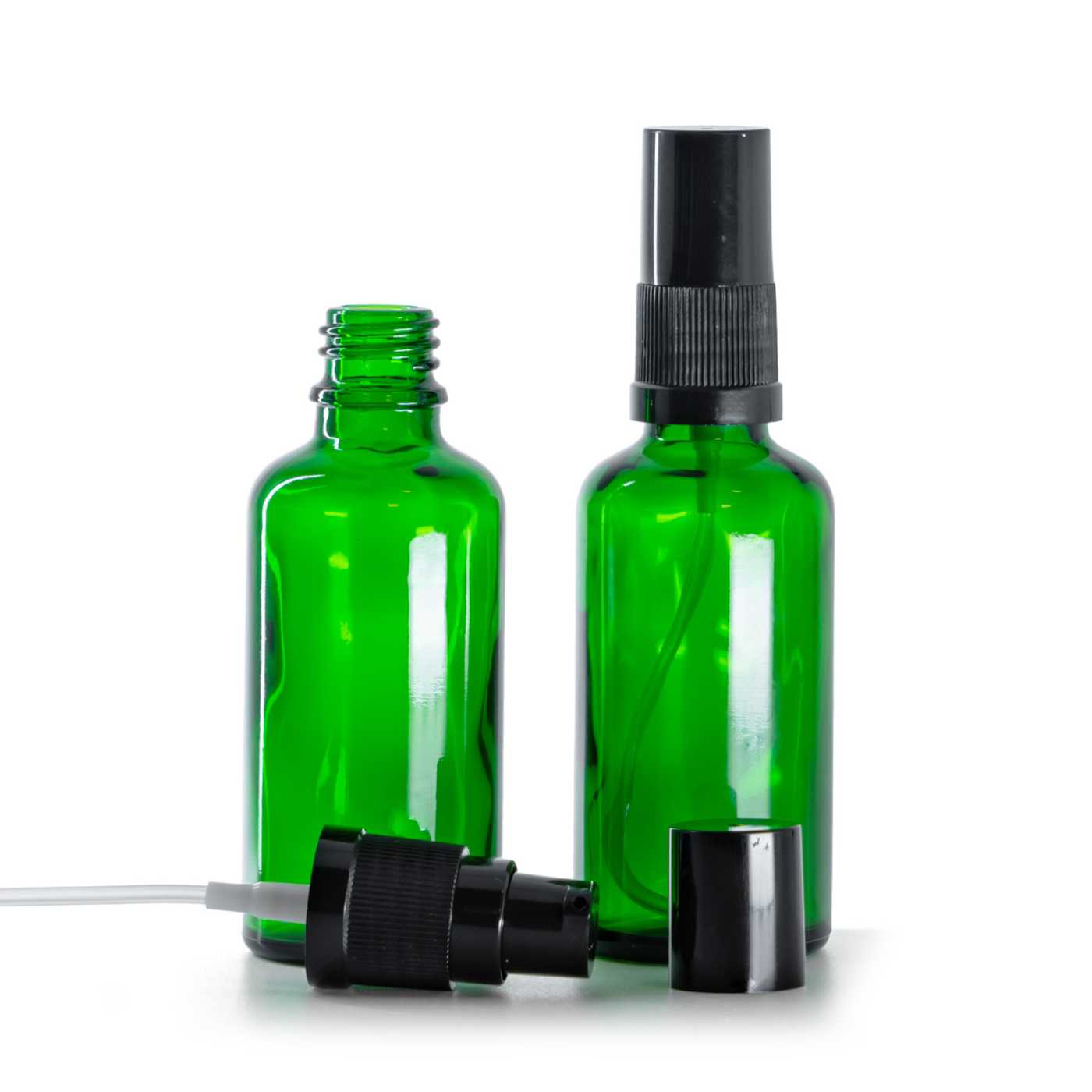 Butelka szklana, zielona, pompka do kremów z czarnym kapturkiem, 50 ml