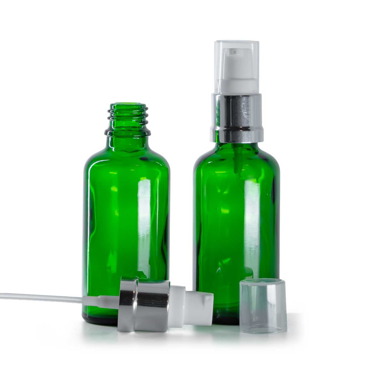 Butelka szklana, zielona, biało-srebrny błyszczący dozownik, 50 ml