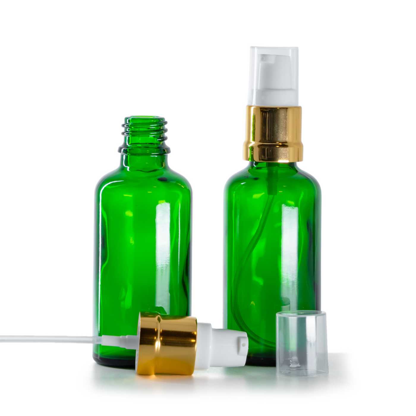 Butelka szklana, zielona, biało-złoty błyszczący dozownik, 50 ml