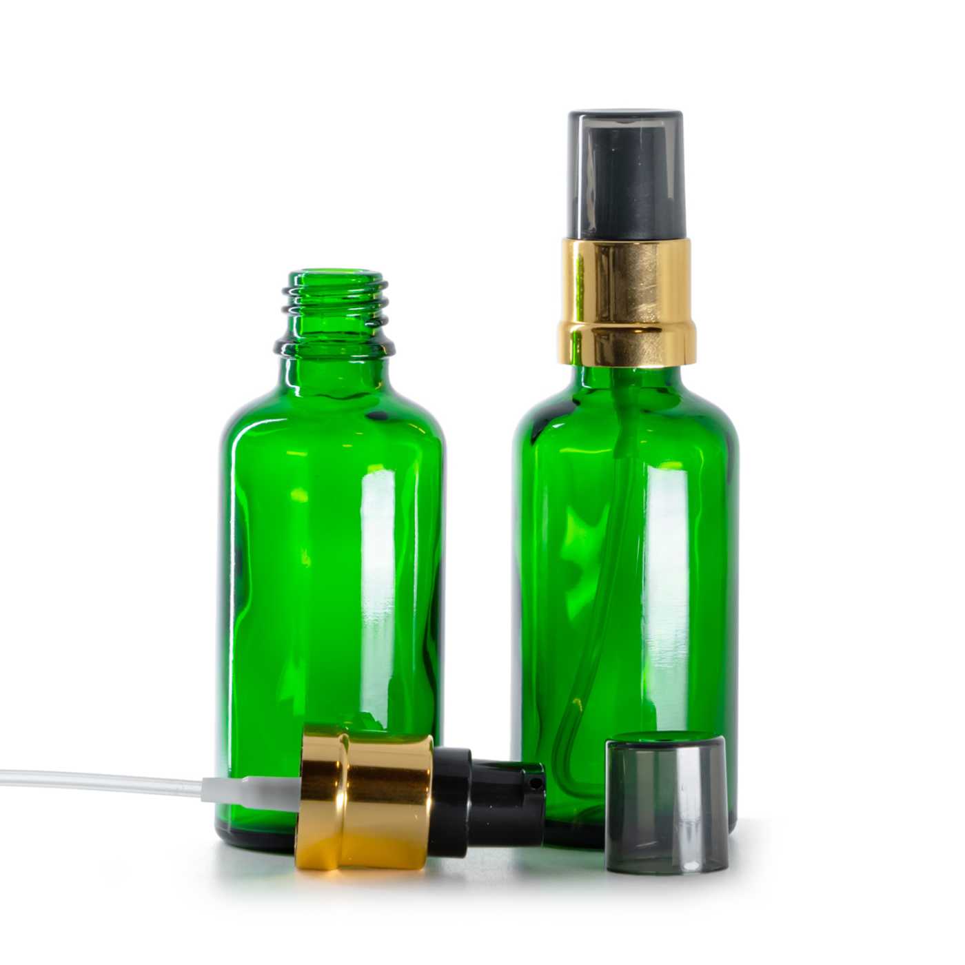 Butelka szklana, zielona, czarno-złoty błyszczący dozownik z przydymionym kapturkiem, 50 ml