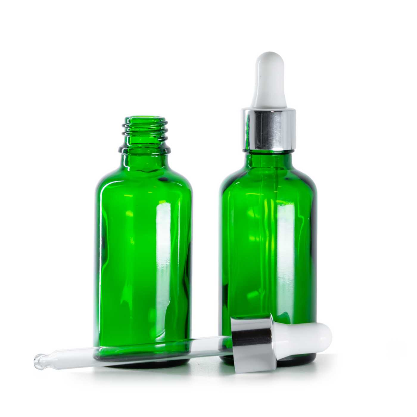 Butelka szklana, zielona, srebrny kroplomierz, 50 ml