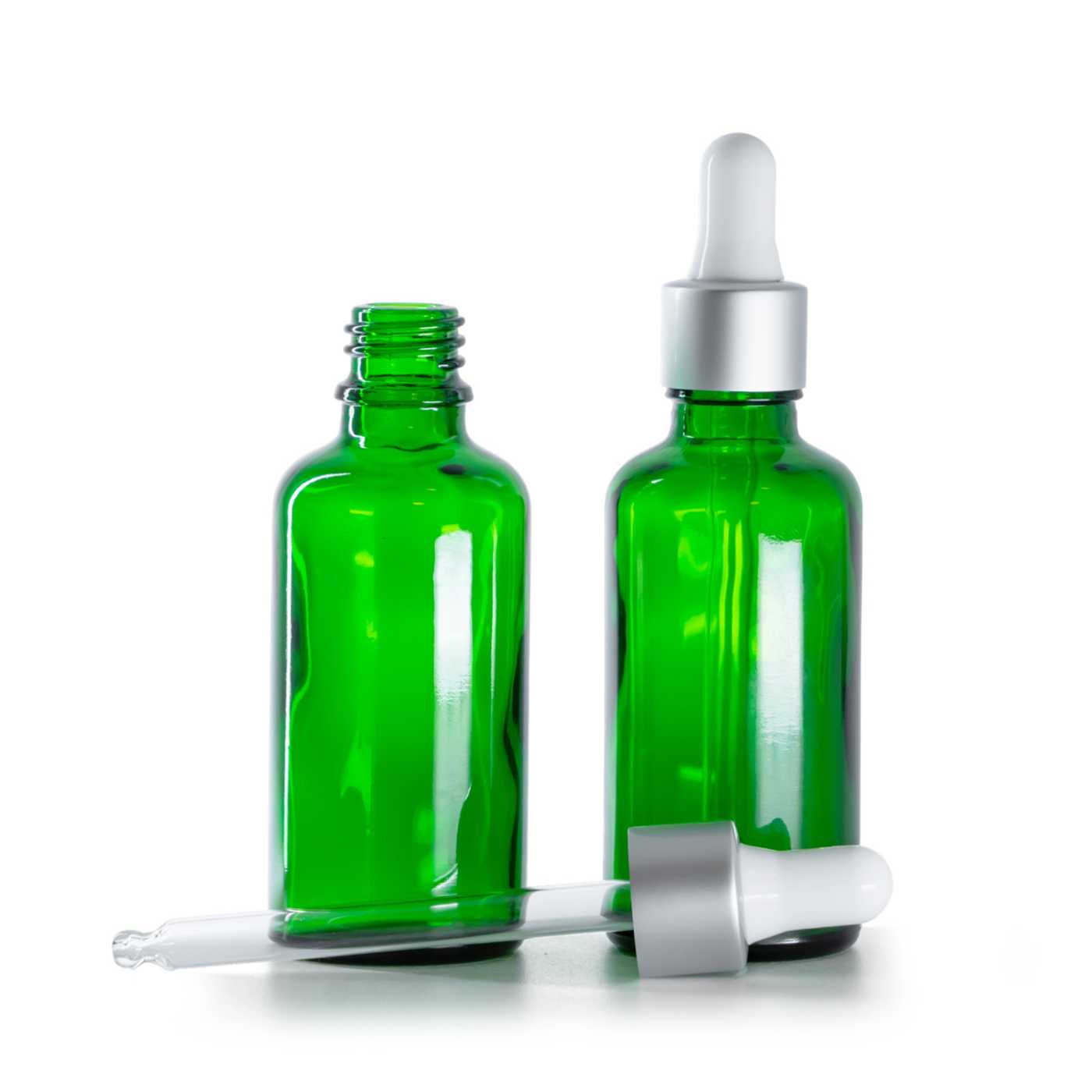 Butelka szklana, zielona, srebrny matowy kroplomierz, 50 ml