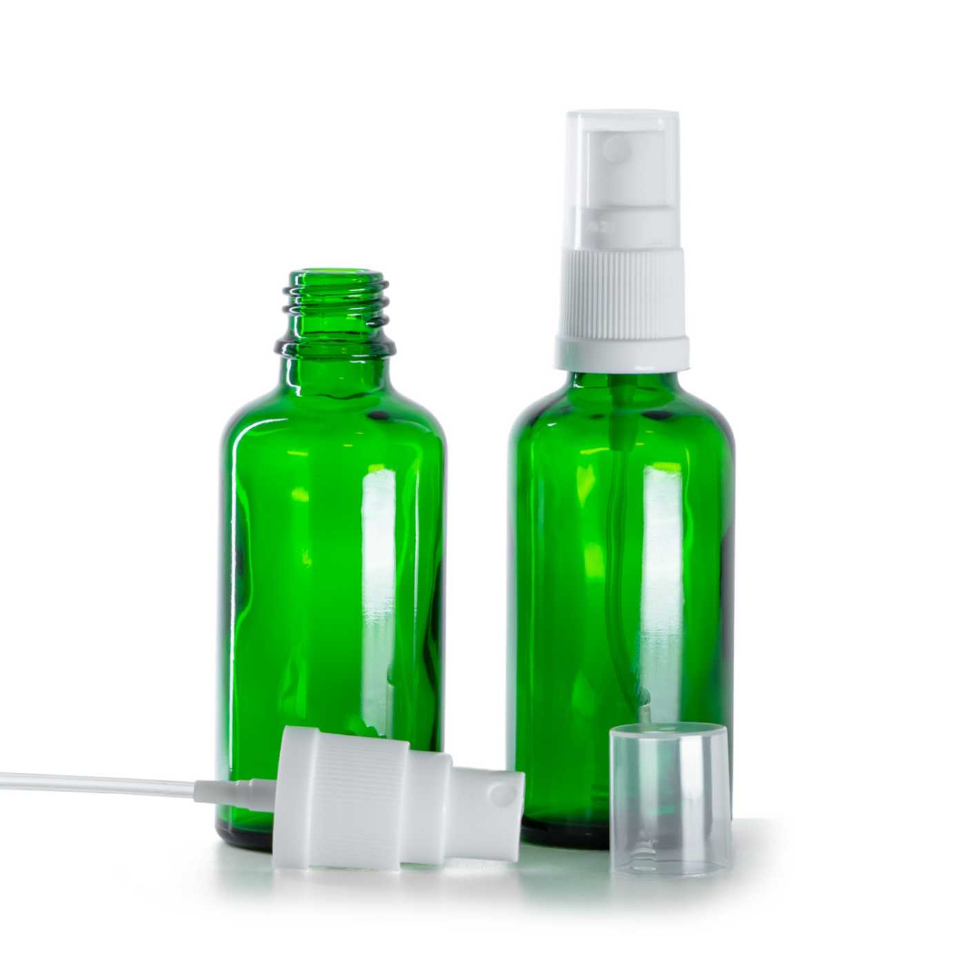 Butelka szklana zielona, atomizer biały, 50 ml